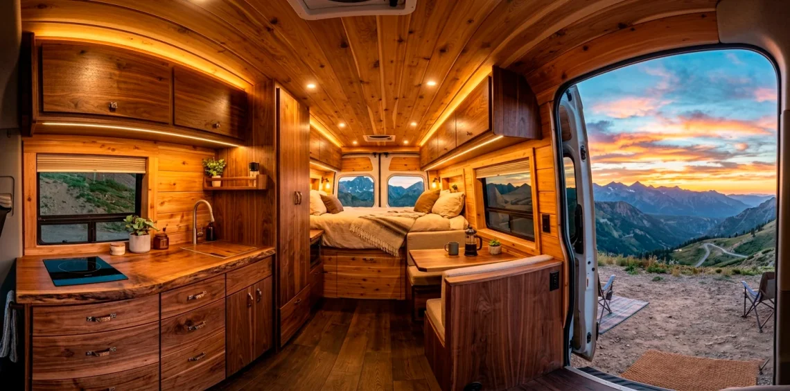 Luxurious custom camper van interior showcasing artisan woodwork with warm lighting and open rear doors facing a sunset