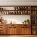 Beautifully organized mid-century modern pantry with walnut shelving and amber glass jars