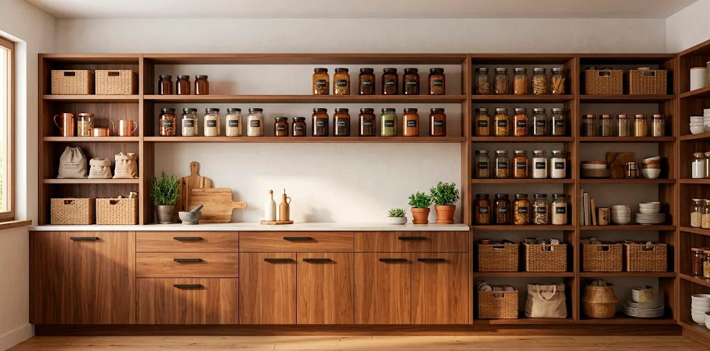 Beautifully organized mid-century modern pantry with walnut shelving and amber glass jars