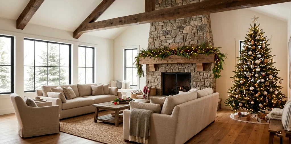 Cozy modern farmhouse living room with holiday decor, stone fireplace, and neutral linen furniture.