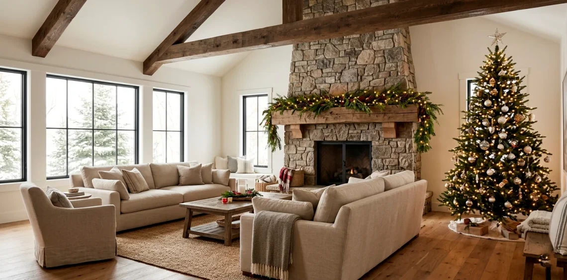 Cozy modern farmhouse living room with holiday decor, stone fireplace, and neutral linen furniture.