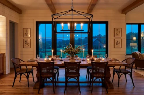 Cozy modern farmhouse dining room illuminated by a large black iron lantern chandelier over a wooden table