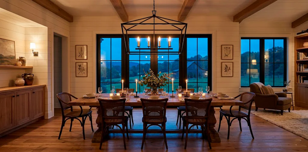 Cozy modern farmhouse dining room illuminated by a large black iron lantern chandelier over a wooden table
