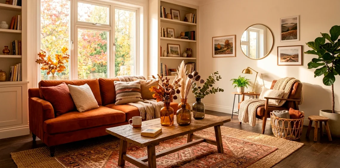 Cozy autumn living room featuring burnt orange velvet seating and warm amber decor accents