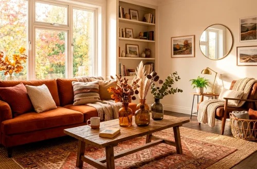 Cozy autumn living room featuring burnt orange velvet seating and warm amber decor accents