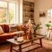 Cozy autumn living room featuring burnt orange velvet seating and warm amber decor accents