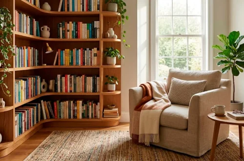 A cozy reading corner in a small apartment featuring a stylish wooden corner bookshelf filled with books