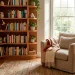 A cozy reading corner in a small apartment featuring a stylish wooden corner bookshelf filled with books