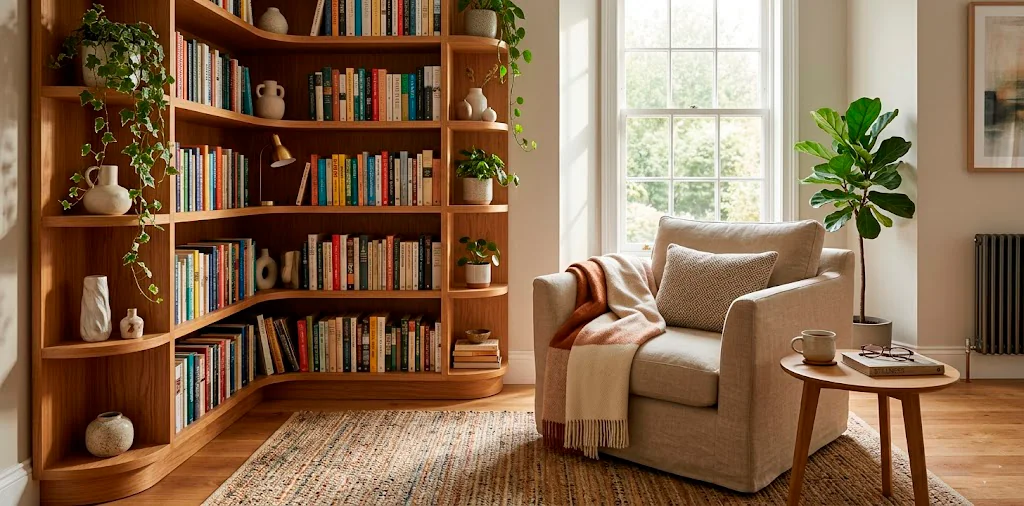 A cozy reading corner in a small apartment featuring a stylish wooden corner bookshelf filled with books