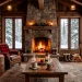 Cozy enclosed porch with lodge-style decor featuring heavy red and black plaid blankets and a stone fireplace.