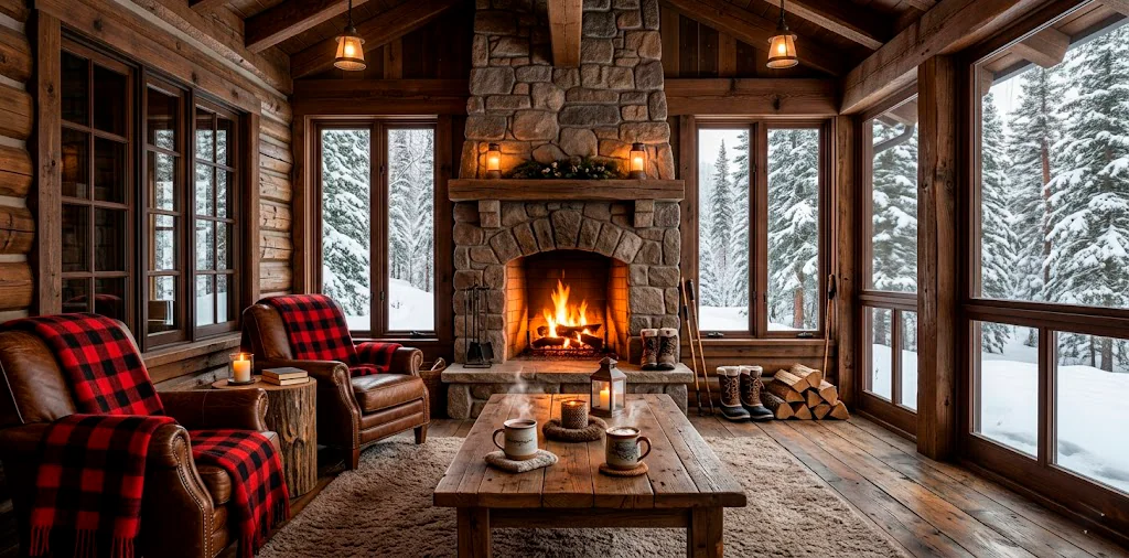 Cozy enclosed porch with lodge-style decor featuring heavy red and black plaid blankets and a stone fireplace.