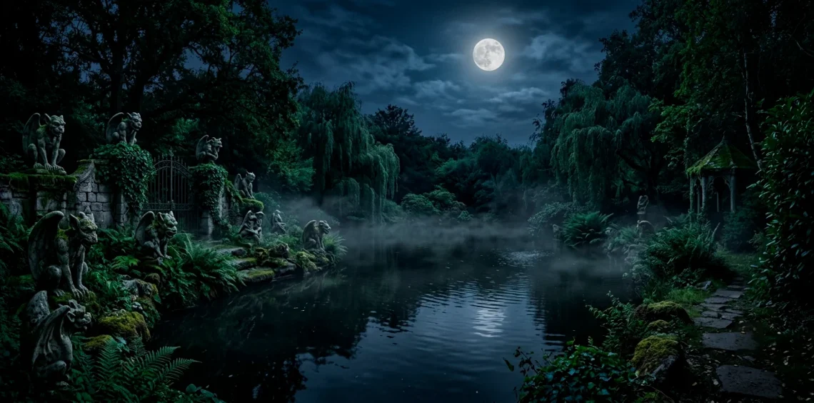 Dark gothic backyard pond with black water, surrounded by moody foliage, gargoyles, and fog under moonlight.