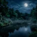 Dark gothic backyard pond with black water, surrounded by moody foliage, gargoyles, and fog under moonlight.