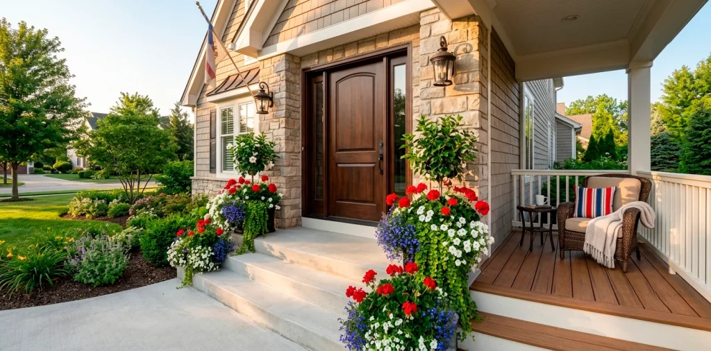 Beautiful front porch steps decorated with festive red, white, and blue Memorial Day flower planters