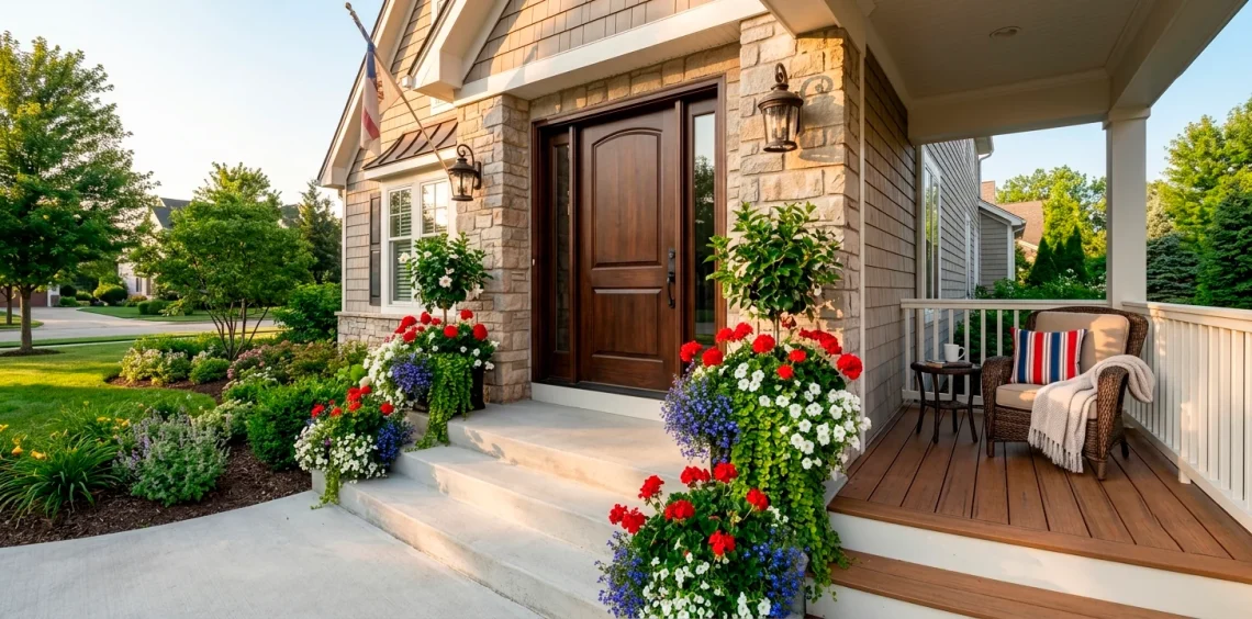 Beautiful front porch steps decorated with festive red, white, and blue Memorial Day flower planters