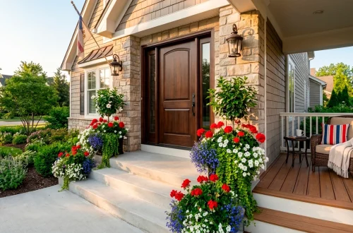 Beautiful front porch steps decorated with festive red, white, and blue Memorial Day flower planters