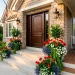 Beautiful front porch steps decorated with festive red, white, and blue Memorial Day flower planters