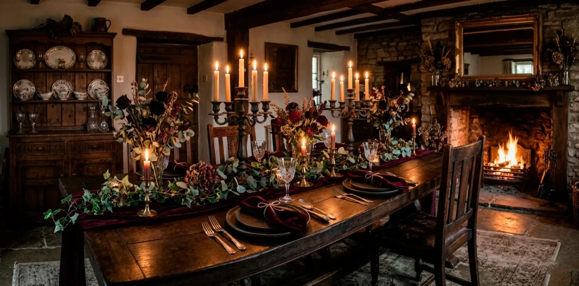 Dark cottagecore Valentine's Day decor featuring a moody dining room with wrought iron candelabras and dried black roses