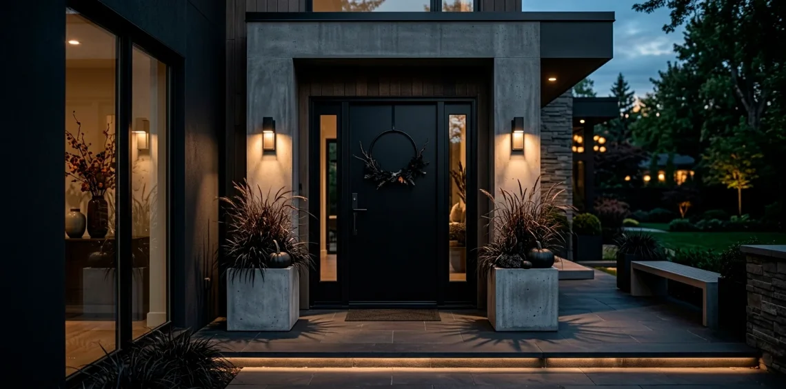 Sleek modern minimalist front porch decorated for Halloween with a black door and subtle dark wreath