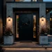 Sleek modern minimalist front porch decorated for Halloween with a black door and subtle dark wreath