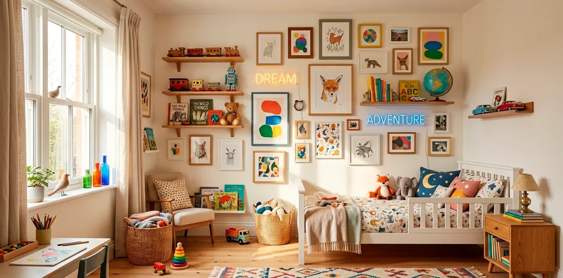 Wide view of a playfully decorated kids bedroom featuring an eclectic gallery wall with bright frames, toys, and a neon sign.
