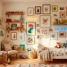 Wide view of a playfully decorated kids bedroom featuring an eclectic gallery wall with bright frames, toys, and a neon sign.