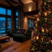 Luxurious Christmas tree decorated with velvet ribbons and jewel-toned ornaments in a warm living room.