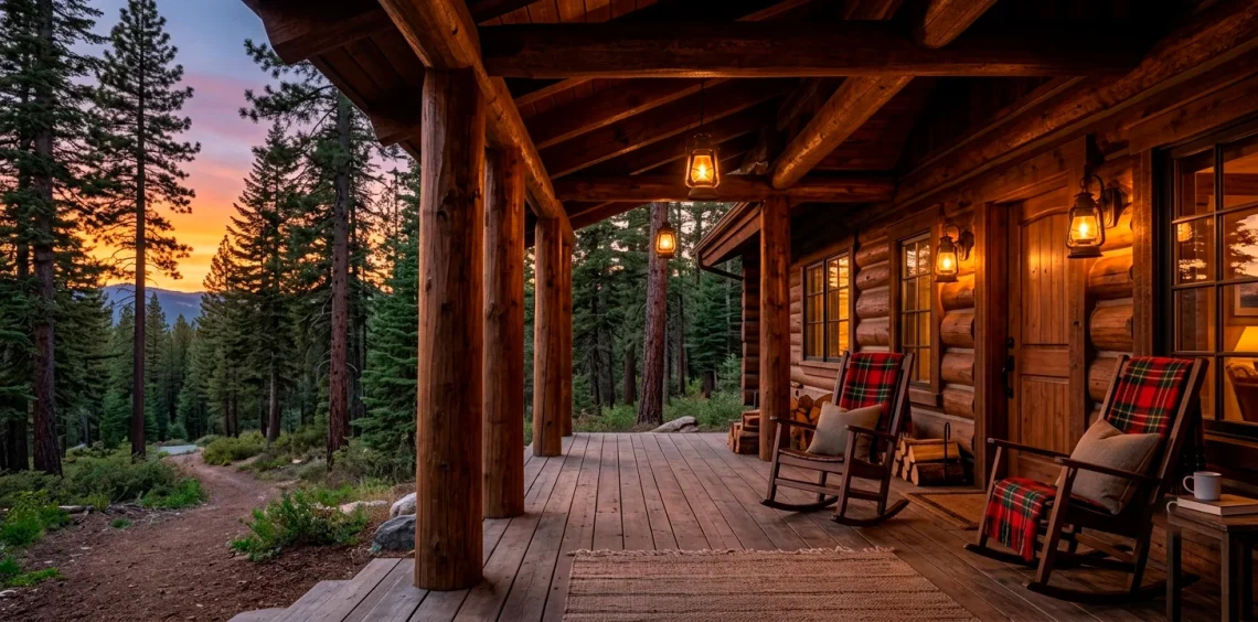Rustic wood cabin front porch with log columns and cozy rocking chairs at sunset.