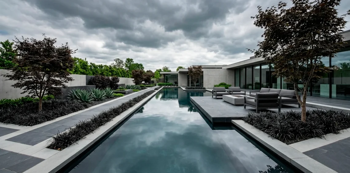 Wide landscape view of a modern patio featuring a minimalist dark slate pond with sharp geometric lines.
