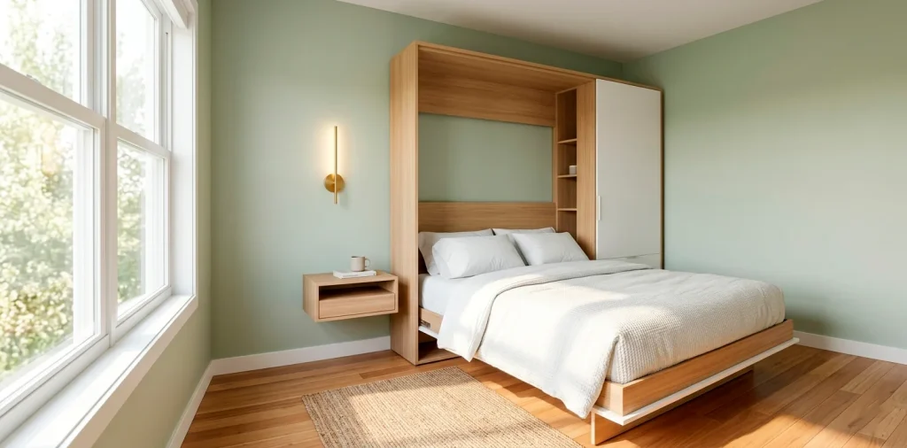 Modern small guest room featuring a space-saving Murphy bed, floating nightstand, and elegant brass wall sconces.