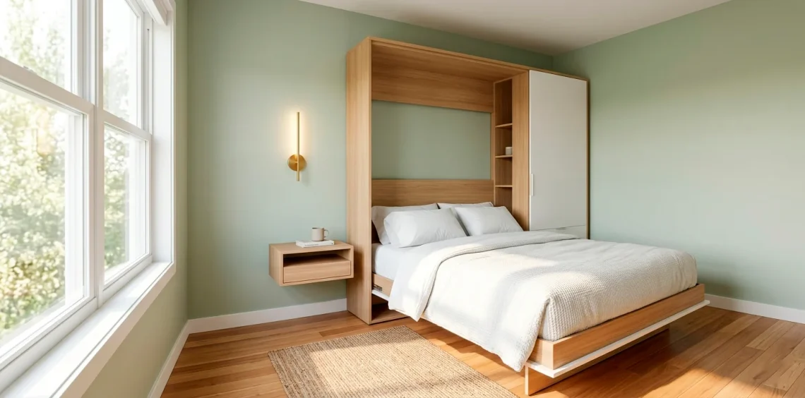 Modern small guest room featuring a space-saving Murphy bed, floating nightstand, and elegant brass wall sconces.