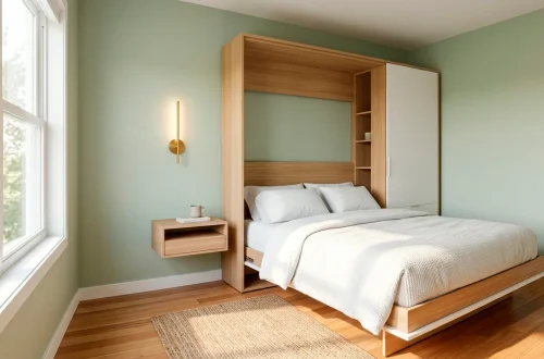 Modern small guest room featuring a space-saving Murphy bed, floating nightstand, and elegant brass wall sconces.