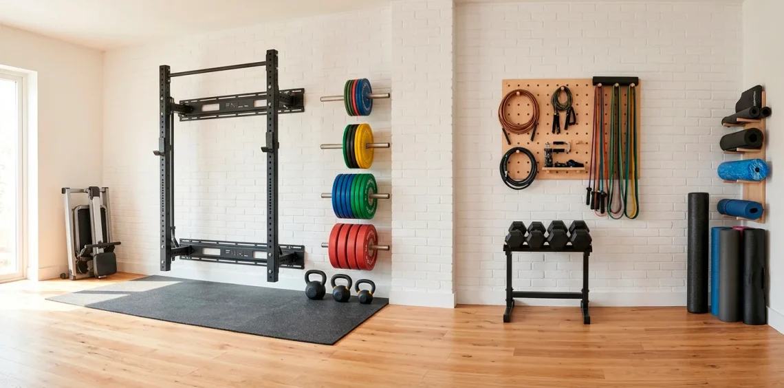Organized small home gym featuring a wall-mounted folding squat rack and tidy weight plate storage pegs.