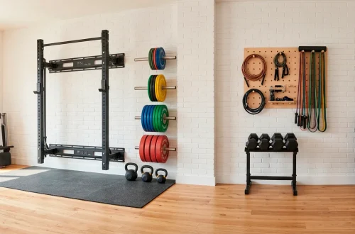Organized small home gym featuring a wall-mounted folding squat rack and tidy weight plate storage pegs.