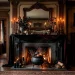 A moody gothic Halloween fireplace featuring dripping black taper candles, a dark velvet mantel scarf, aged skulls, and a tarnished mirror.