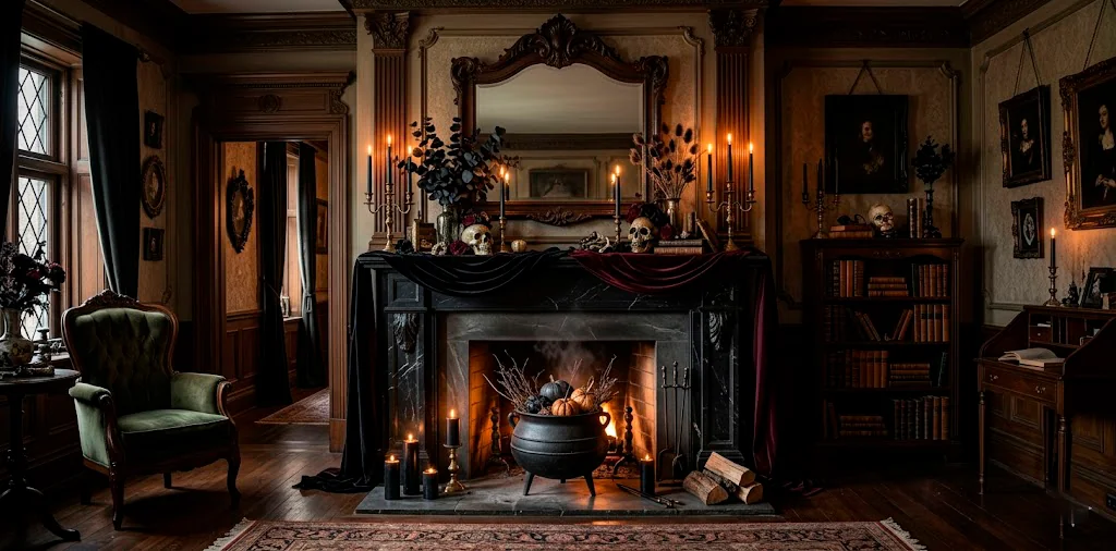 A moody gothic Halloween fireplace featuring dripping black taper candles, a dark velvet mantel scarf, aged skulls, and a tarnished mirror.