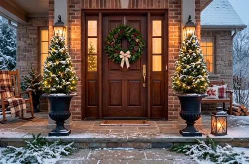 Beautiful classic winter front porch decorated with cedar topiaries and warm lanterns