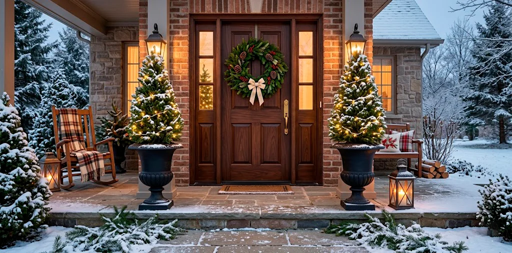 Beautiful classic winter front porch decorated with cedar topiaries and warm lanterns