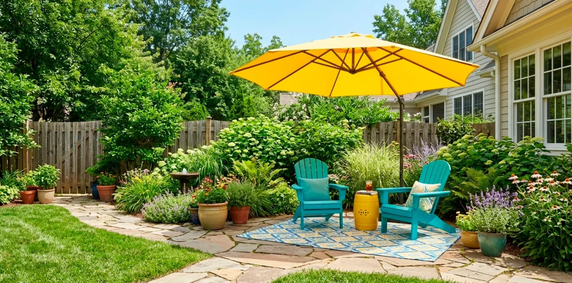 Wide view of a small backyard patio decorated with bright yellow and teal furniture and an outdoor umbrella