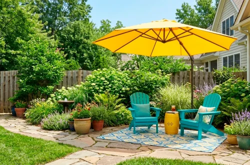 Wide view of a small backyard patio decorated with bright yellow and teal furniture and an outdoor umbrella