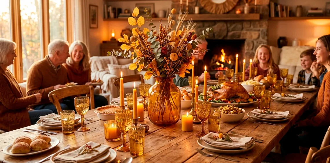 Cozy Thanksgiving dining table styled with warm amber glass goblets, vases, and soft flickering candles.