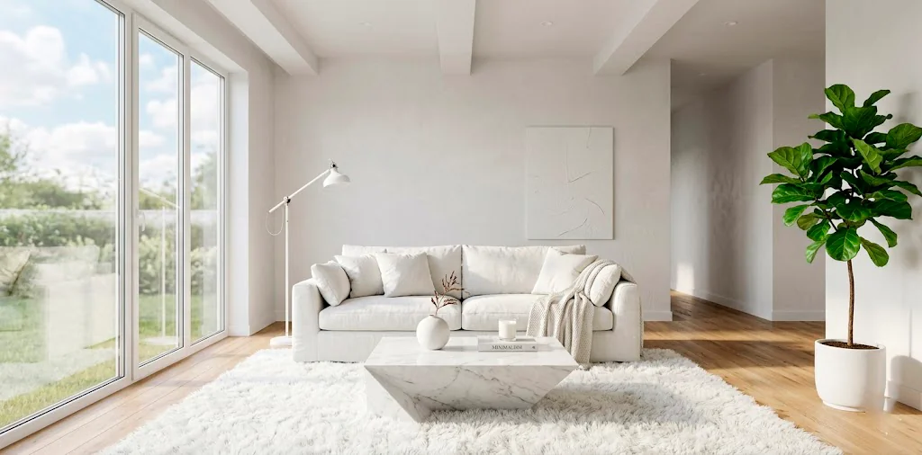 Sleek all-white minimalist living room featuring a comfortable linen sofa and modern marble coffee table bathed in natural sunlight.