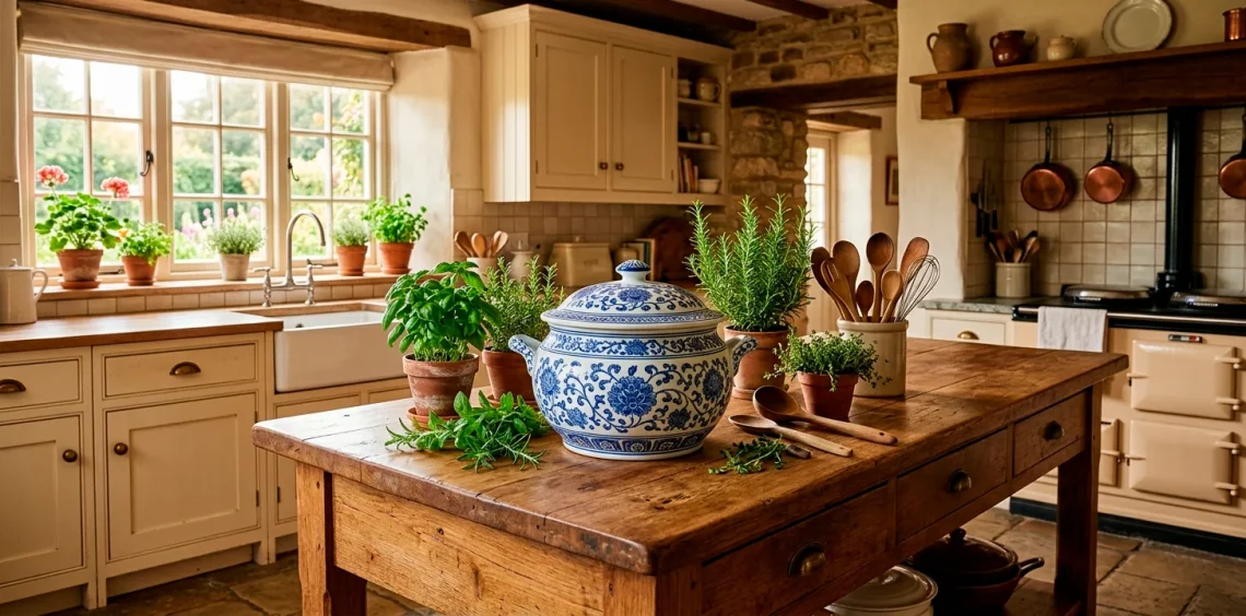 Large blue and white hand-painted porcelain pot on oak island in classic country kitchen