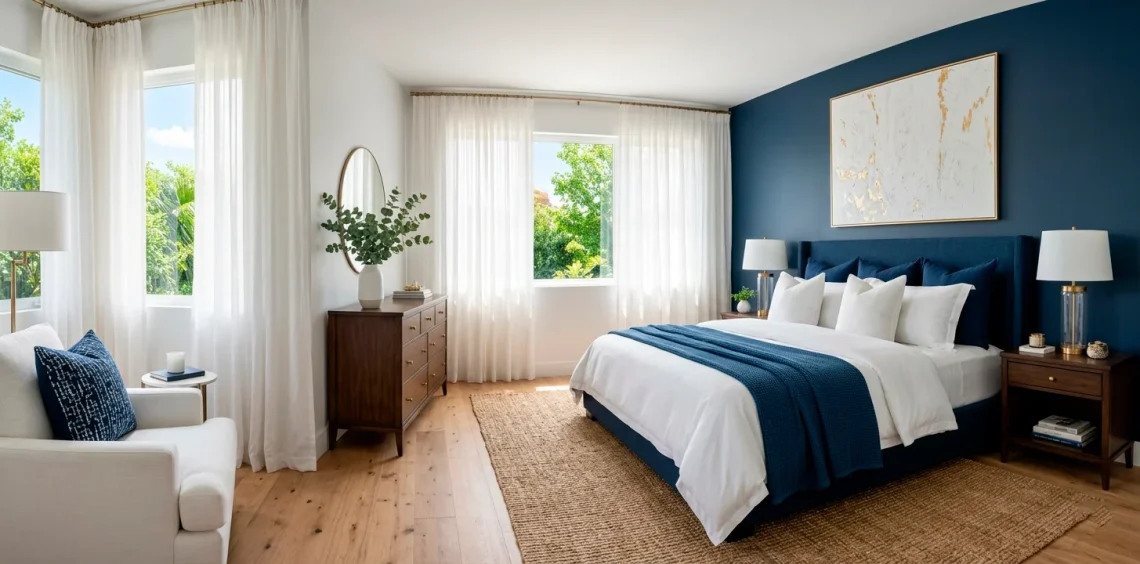 Luxurious navy and white summer bedroom with crisp bedding and natural sunlight pouring in