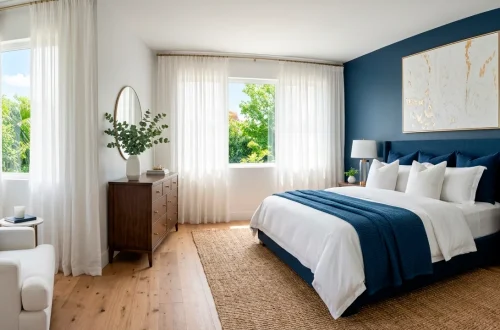 Luxurious navy and white summer bedroom with crisp bedding and natural sunlight pouring in