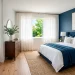 Luxurious navy and white summer bedroom with crisp bedding and natural sunlight pouring in
