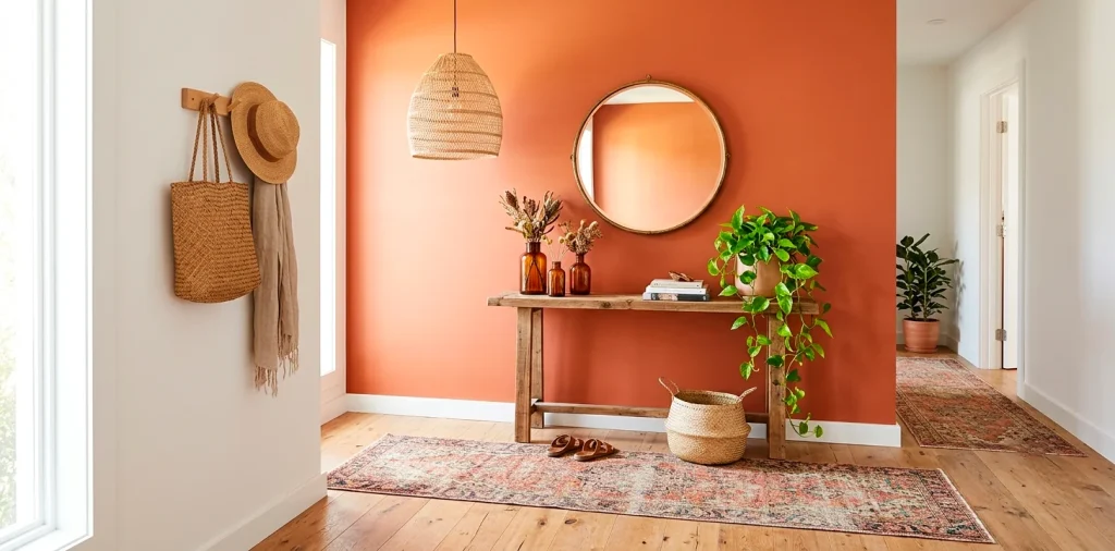 Vibrant boho entryway featuring a warm terracotta accent wall, vintage runner rug, and a rattan pendant light.