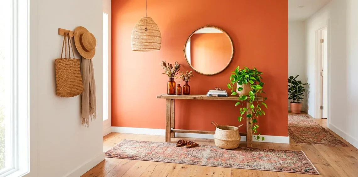 Vibrant boho entryway featuring a warm terracotta accent wall, vintage runner rug, and a rattan pendant light.