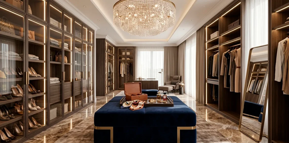 Large luxurious dressing room with a central crystal chandelier over a velvet island