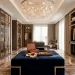 Large luxurious dressing room with a central crystal chandelier over a velvet island